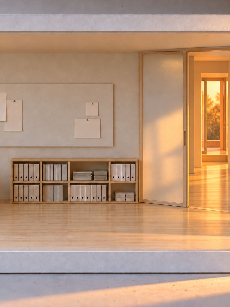 The studio once it is set up, its frosted sliding panel slid open on to the hall, and at the hall's far end the house's front door open on to warm light.