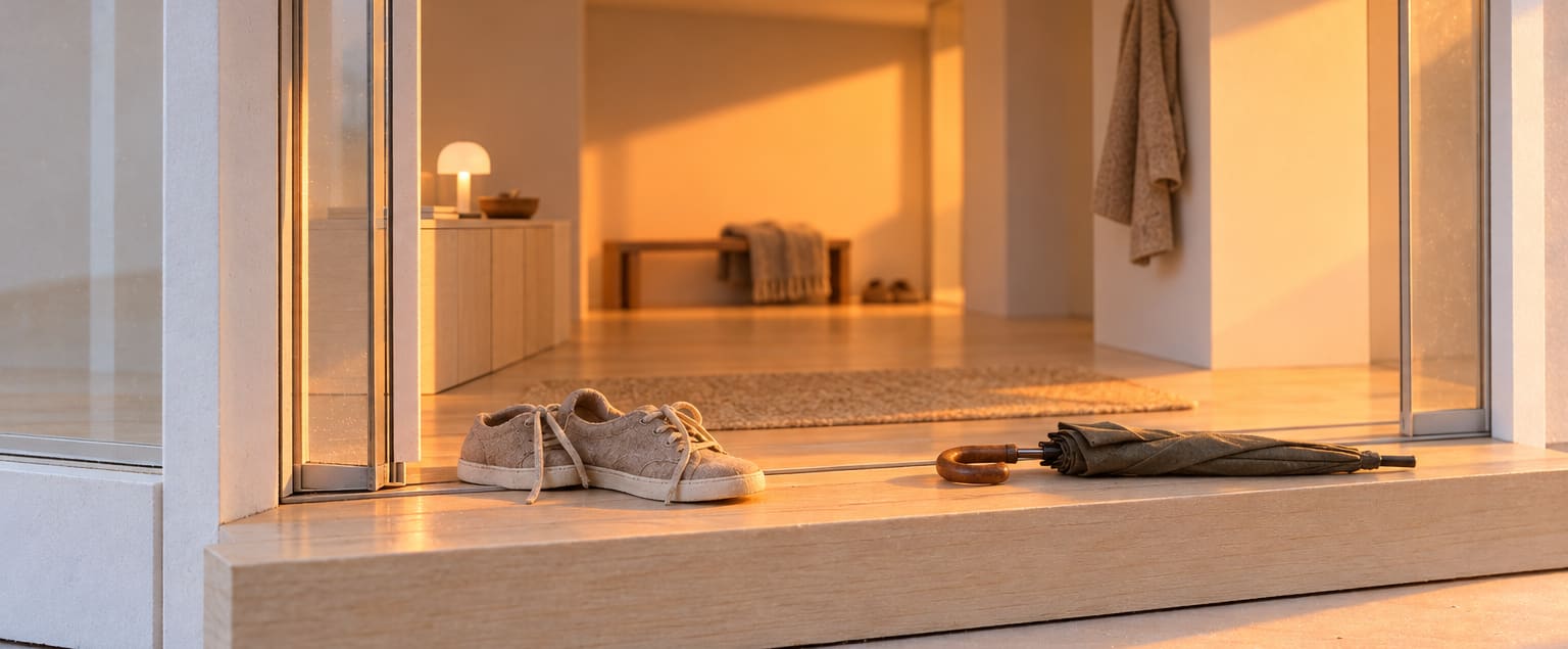 Close on the house's open glass front door: a pair of shoes and a folded umbrella on the timber step, a coat on a hook and a small lamp lit inside, warm light spilling out.