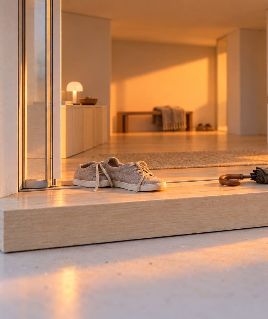A white card model of a house, close on its open glass front door: a pair of shoes and a folded umbrella on the timber step and a small lamp lit inside, warm light spilling out.