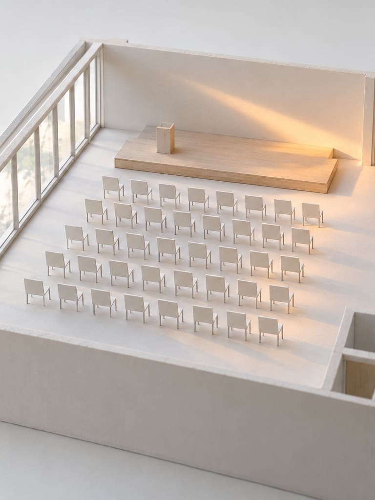 A card model of a long open room set for a business gathering, seen from above: rows of white chairs facing a low timber platform beside a long window wall.