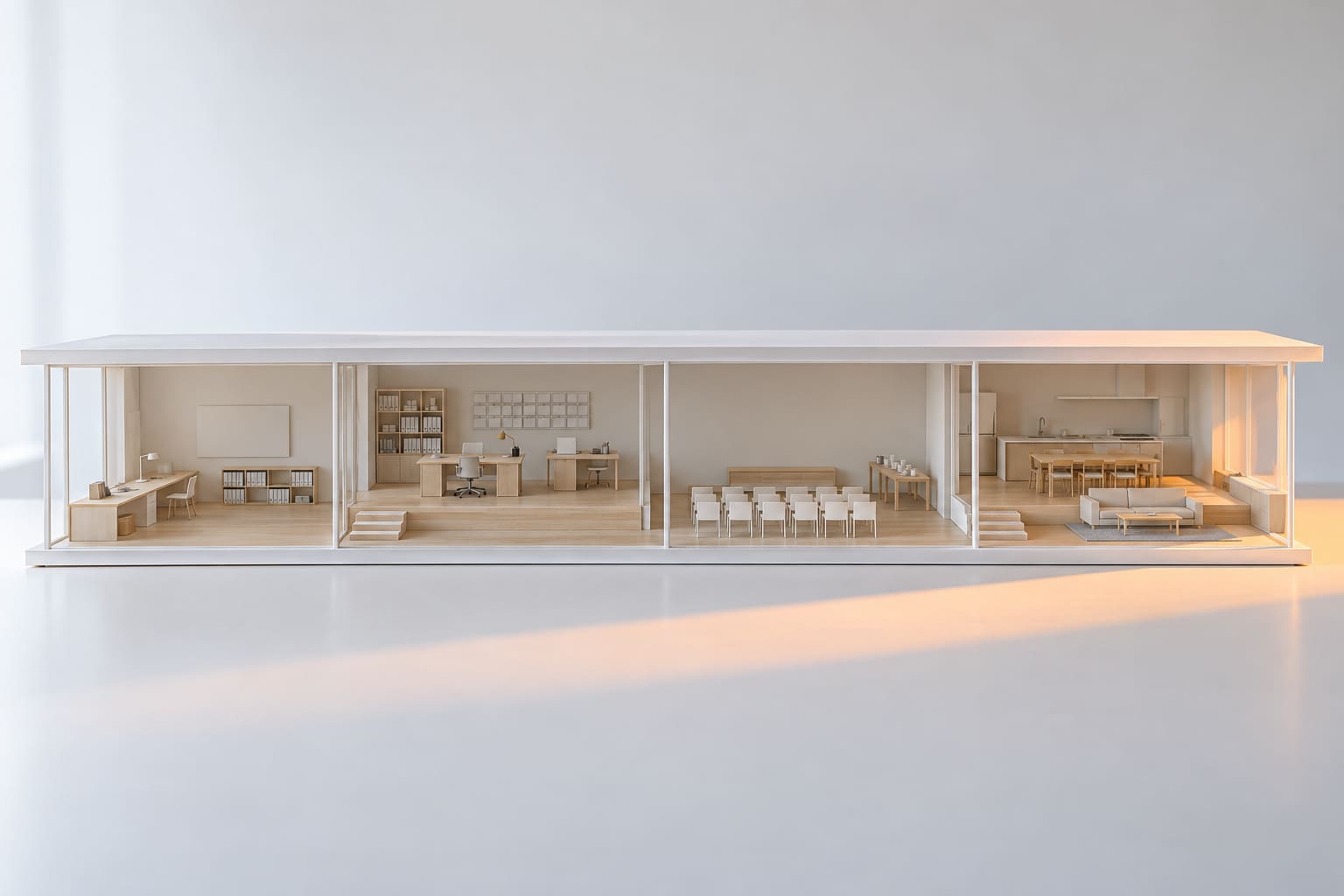 Step three: the finished house seen straight on, all four rooms side by side, drawn up on a sheet with its title block.