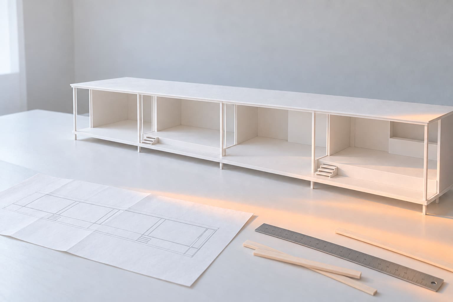 Step one: a card model of a long house while it is being built, only a bare white frame and floors, a folded plan, a steel rule and strips of balsa on the table.