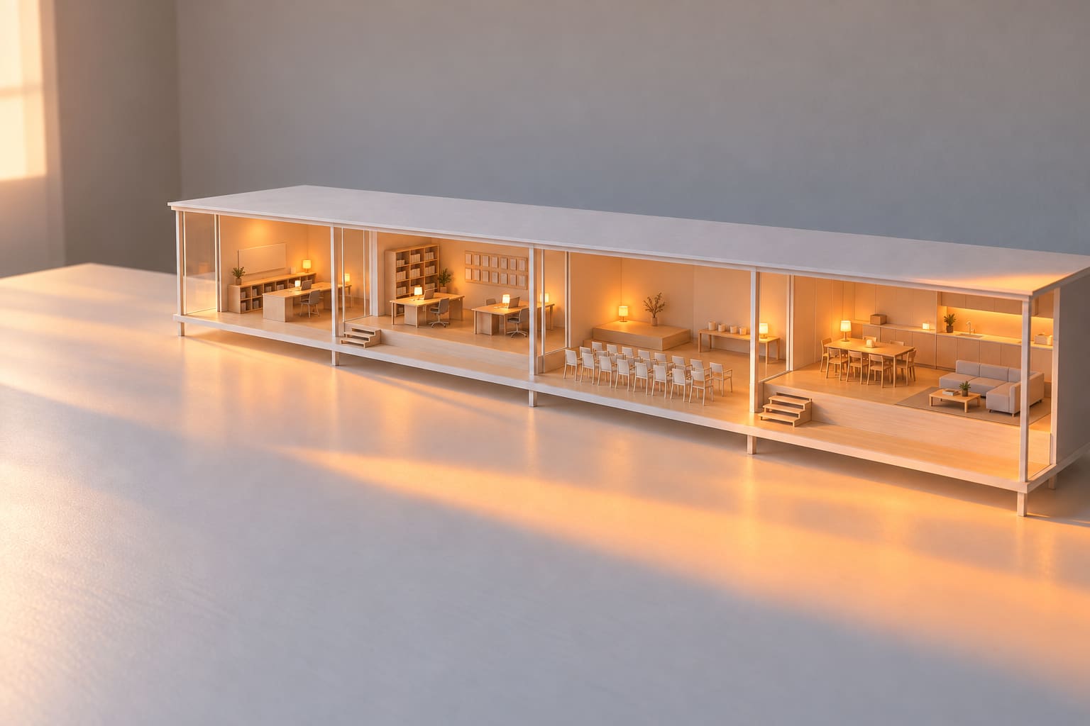 Step two: the same model finished, timber floors and furniture in every room, a small lamp lit in each.