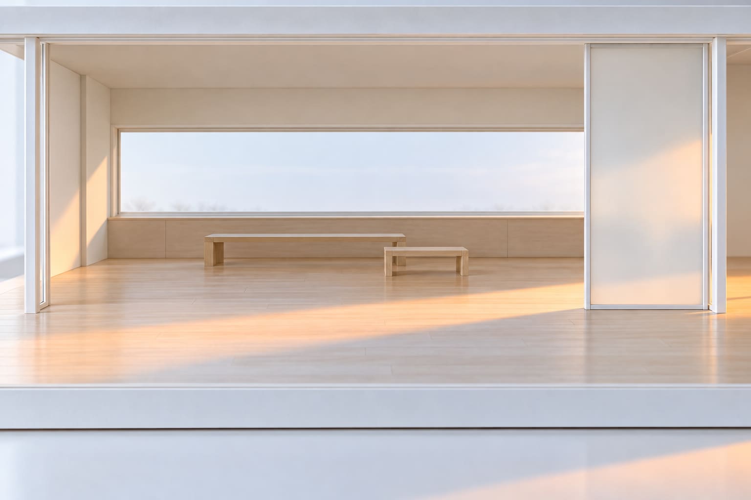 A quiet room of the house's card model: a long low window and two timber benches on a pale timber floor.