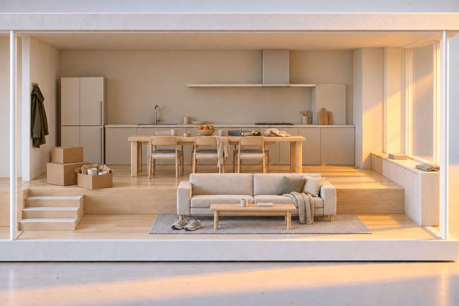 The fourth room, straight on: the family kitchen and living room in the middle of a move, boxes stacked by the steps, a binder and a tape measure on the table, a throw on the sofa and trainers on the rug.