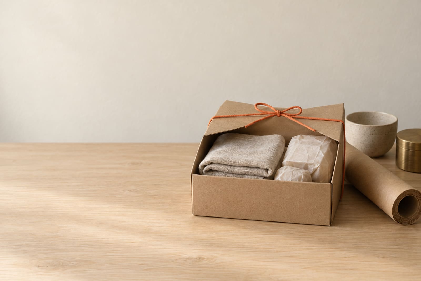 A small cardboard box half packed with folded linen and paper-wrapped things, its flaps tied back with an orange paper cord.