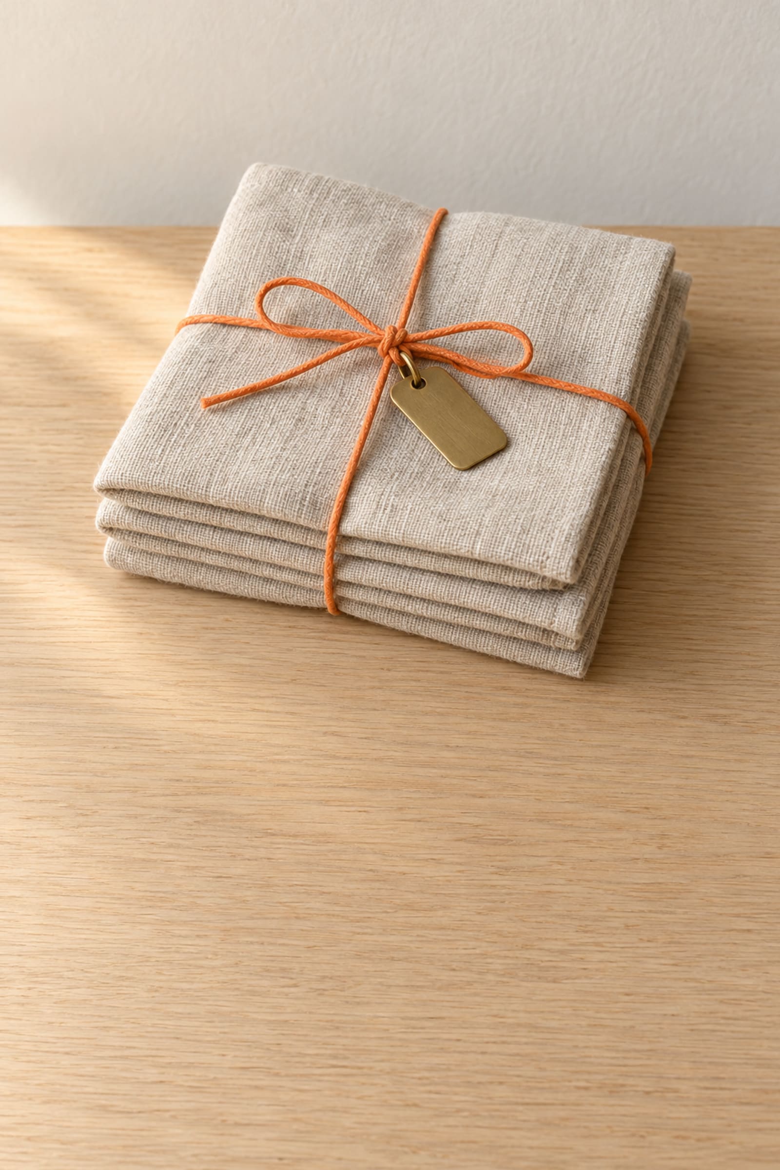 Folded linen napkins and a small brass key tag, tied with an orange paper cord in a bow.