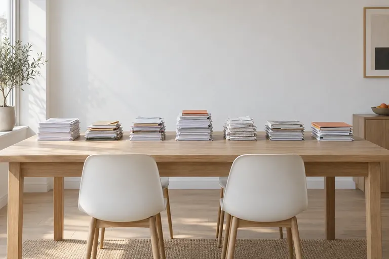 Seven stacks of paper in one row on a kitchen table.