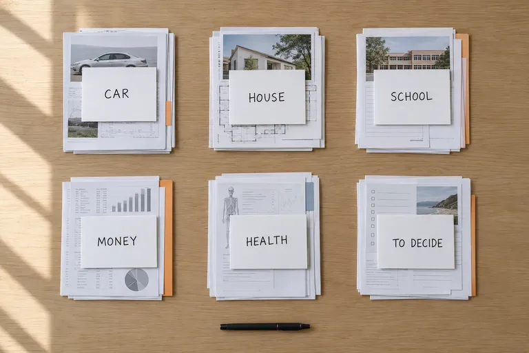 Six sorted groups of paper on a table, labelled Car, House, School, Money, Health and To decide.
