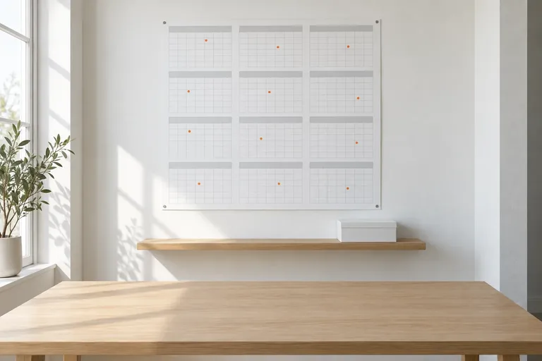 A year planner pinned square on a white wall above one box on a shelf, the table clear.