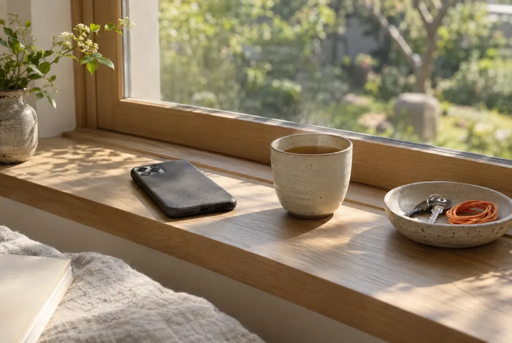A window sill in morning light: a phone lying face down, a cup of tea, a small dish with keys and orange string, a garden beyond the glass.