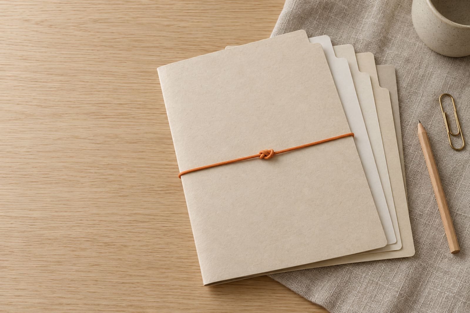 A pale paper folder of blank tabbed dividers tied shut with an orange paper cord, beside a brass clip and a pencil.