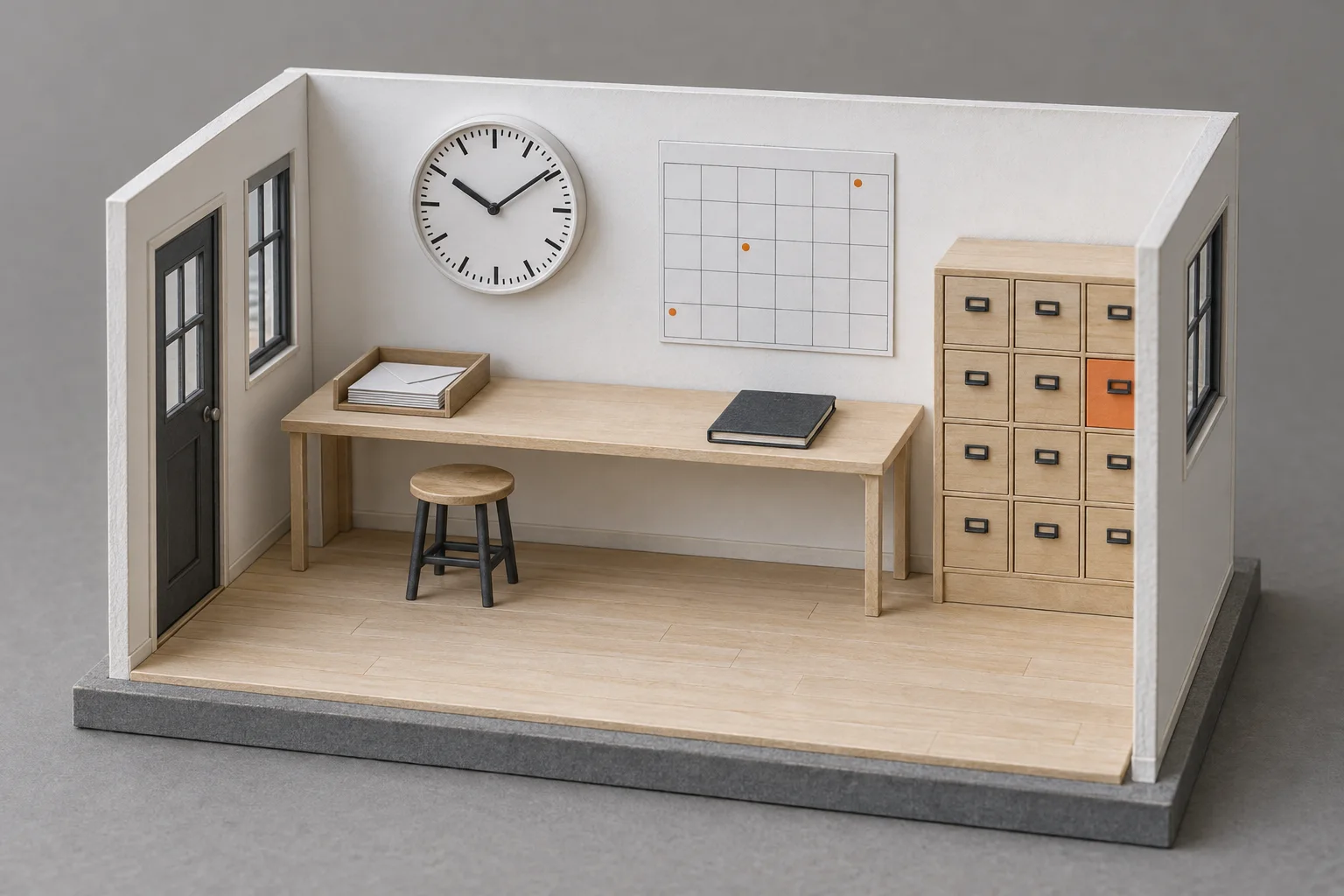 A scale model of a small office, built as an open cutaway room: a clock and a calendar with a few orange dots on the wall, a tray of letters squared on a birch desk.