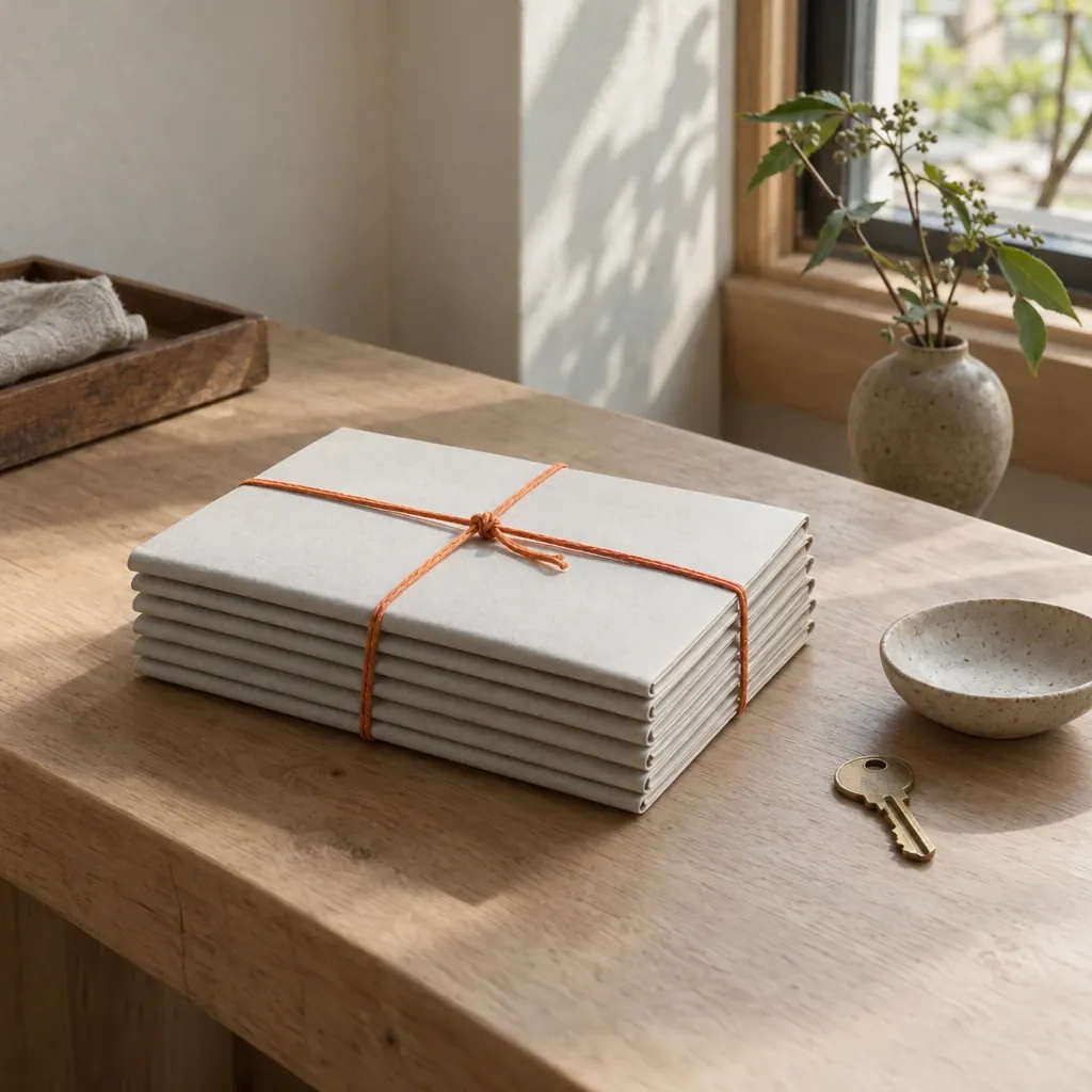 Six blank folders squared into one stack and tied with orange string on an oak bench, a brass key beside them.