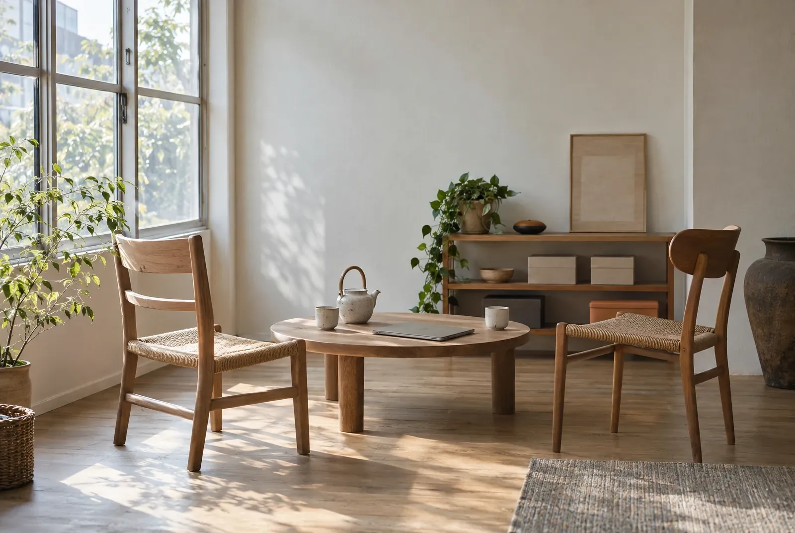 Two wooden chairs across a low oak table by a big window, a teapot and two cups set out.