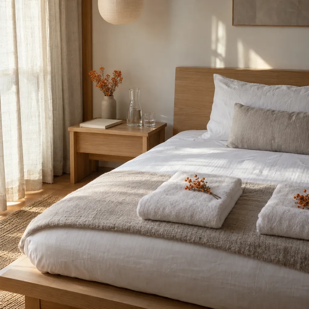 A guest bedroom made ready: white linen, towels folded at the foot of the bed with a sprig of dried orange flowers, a carafe by the bed.