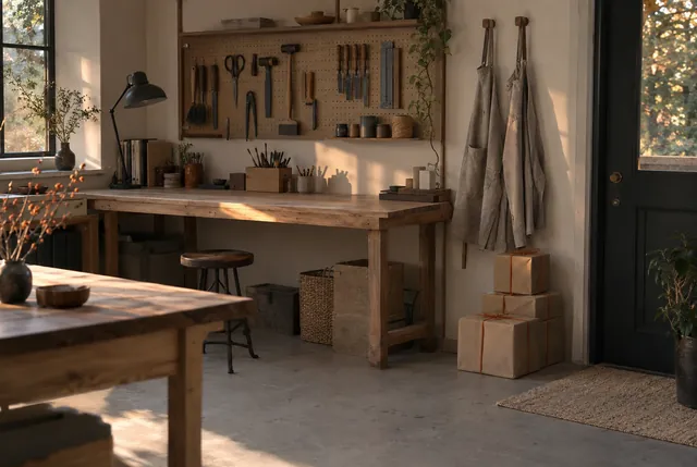A maker's workroom at the end of the day, the bench wiped and the tools hung in order.