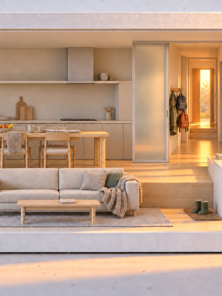 The family kitchen, its frosted sliding panel slid open on to the hall, and at the hall's far end the front door open on to warm light.