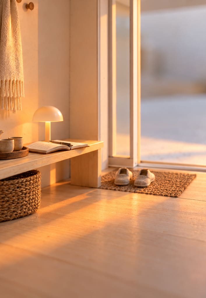 Inside the card model's hall, close along the low bench: a tray with two cups beside an open notebook, a small lamp lit, a scarf on the hooks and the glass door slid wide open.