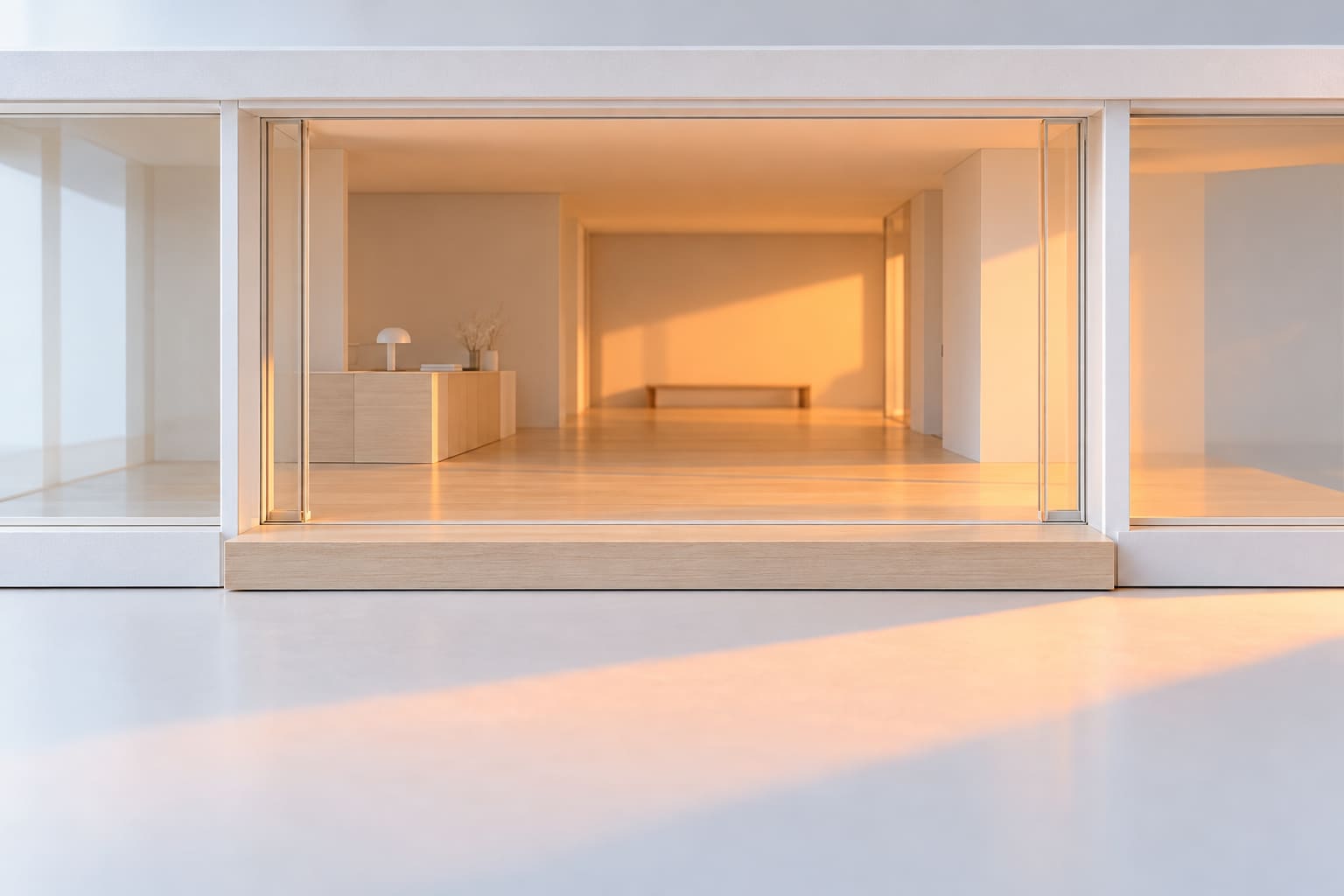 The entrance of the house's card model, wide open: warm light from inside falling across a timber step on to the table.