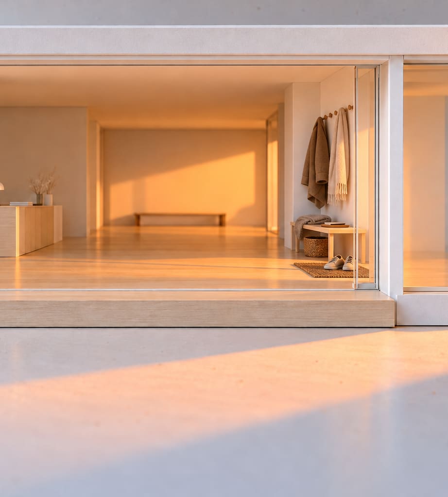 The hall of the card model seen through its open glass door: a coat and a scarf on the hooks, a low bench and a basket, and warm light across the floor.