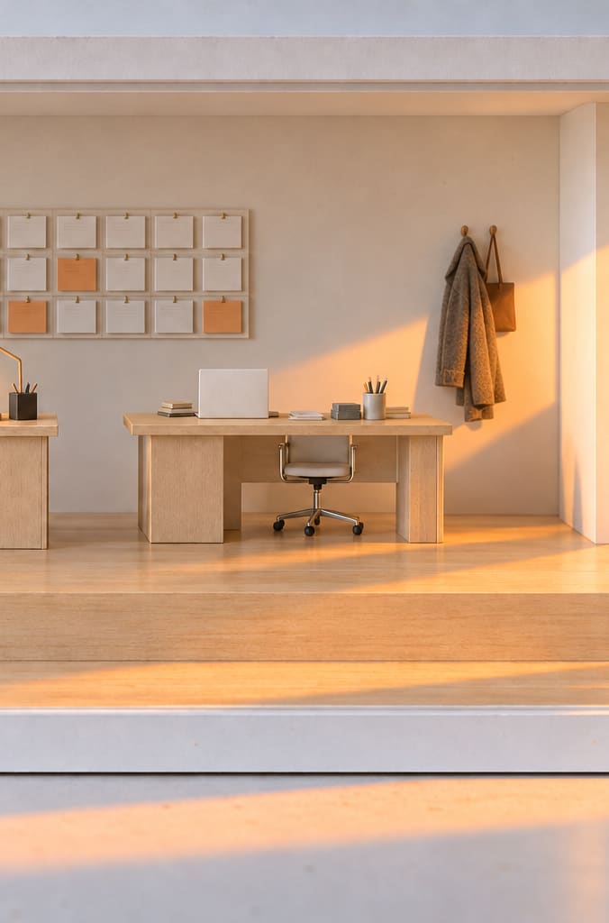 The office room of the card model in use: the wall planner of small cards, a desk with a laptop and a pencil pot, an office chair, and a coat and a bag on the hooks.