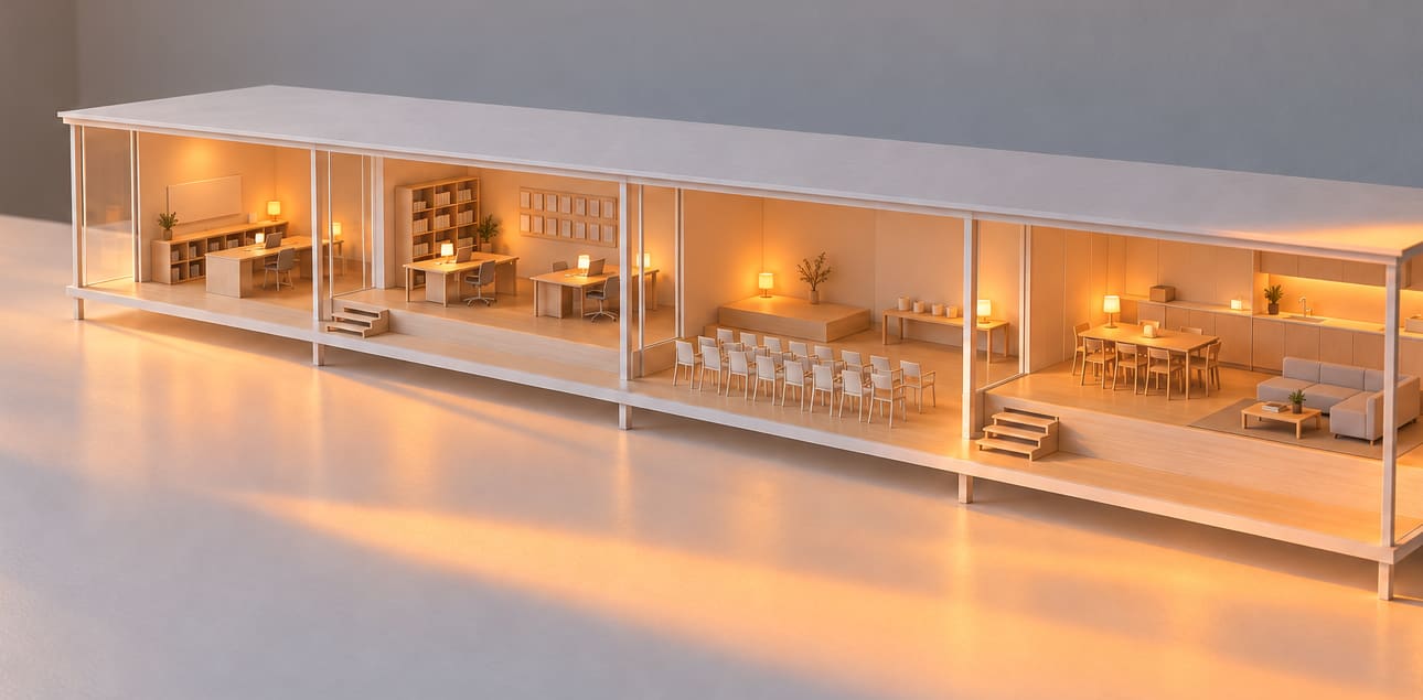 A card model of a long, low house, finished: timber floors and furniture in every room and a small lamp lit in each.