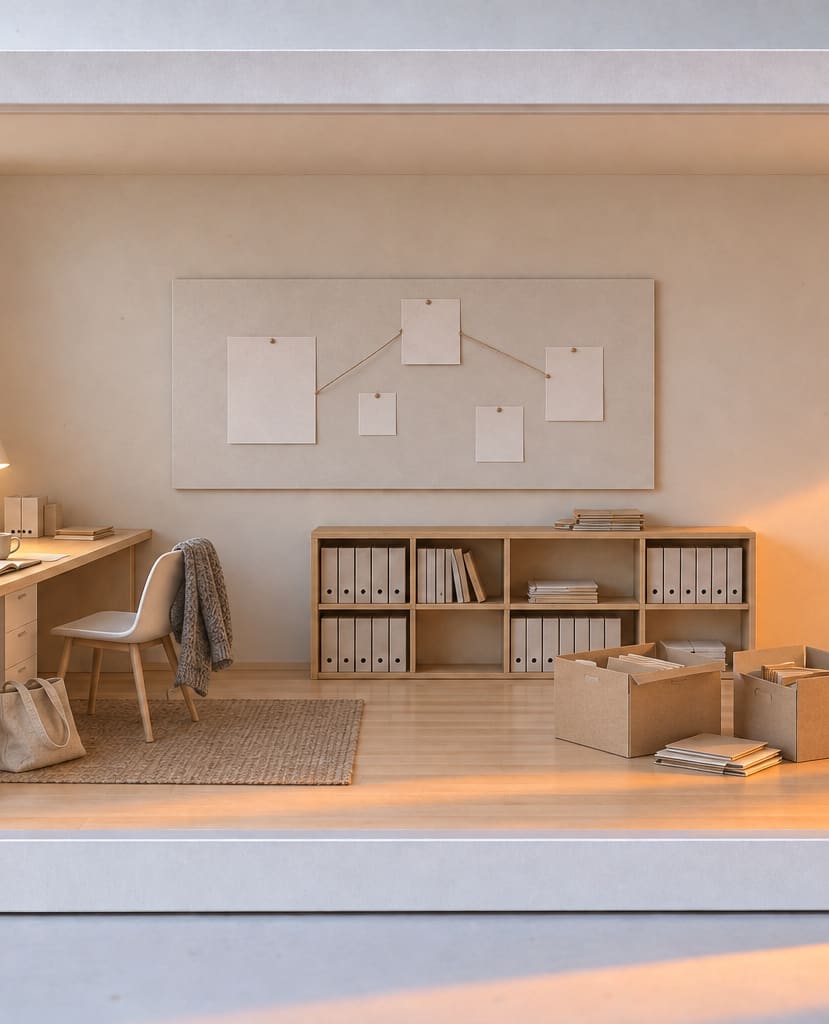 The first room of the model, straight on: a studio in the middle of being set up, archive boxes half unpacked on the floor, folders going on to the low shelf, a jumper over the chair and the desk lamp lit.