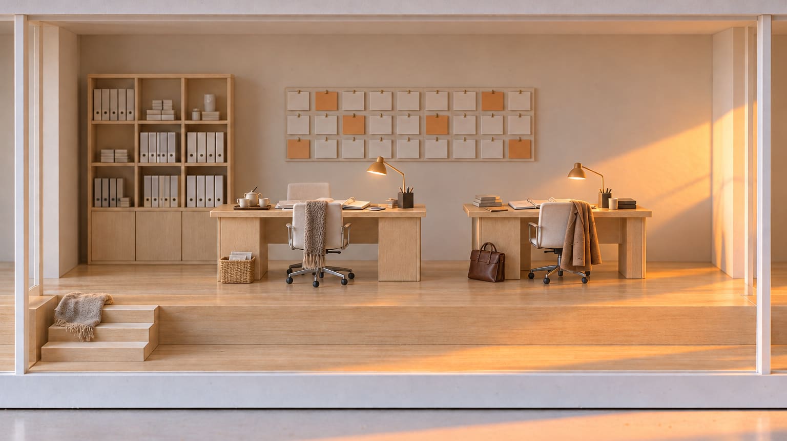 The second room, straight on: the office on a working day, both desks in use with open binders, a tea tray, a jacket over a chair, a bag on the floor and the wall planner of small cards.