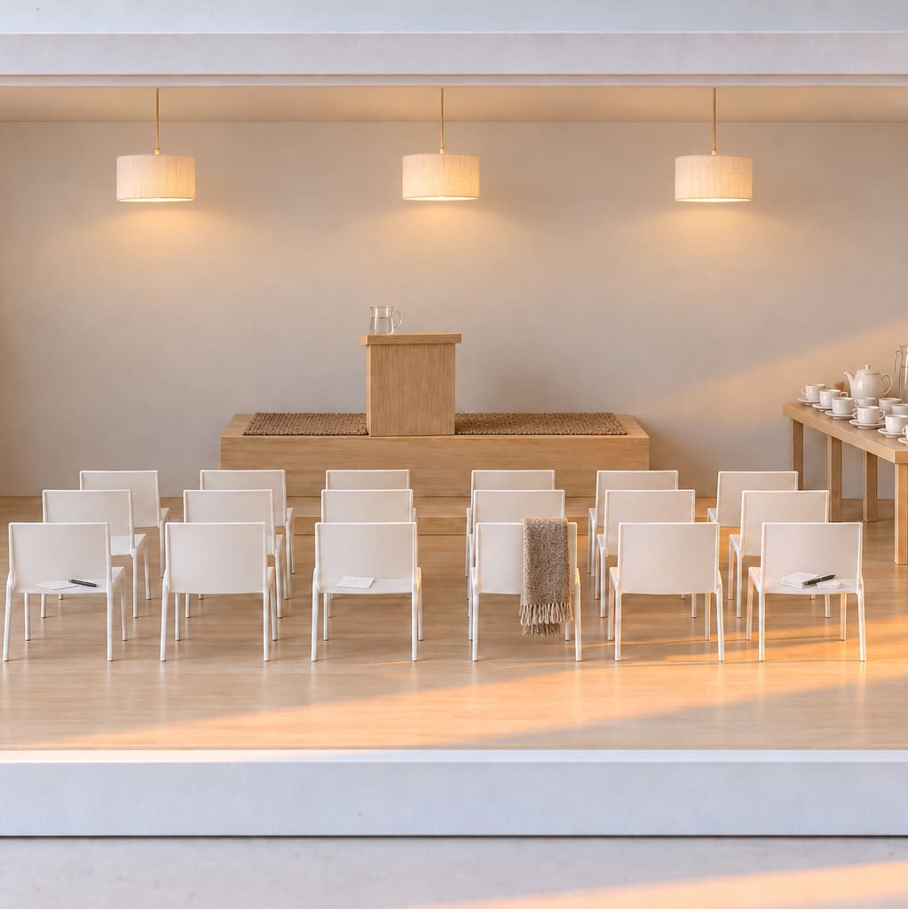 The third room, straight on: rows of white chairs facing a low timber platform with a lectern and the side table laid with cups, a few minutes before the guests arrive.