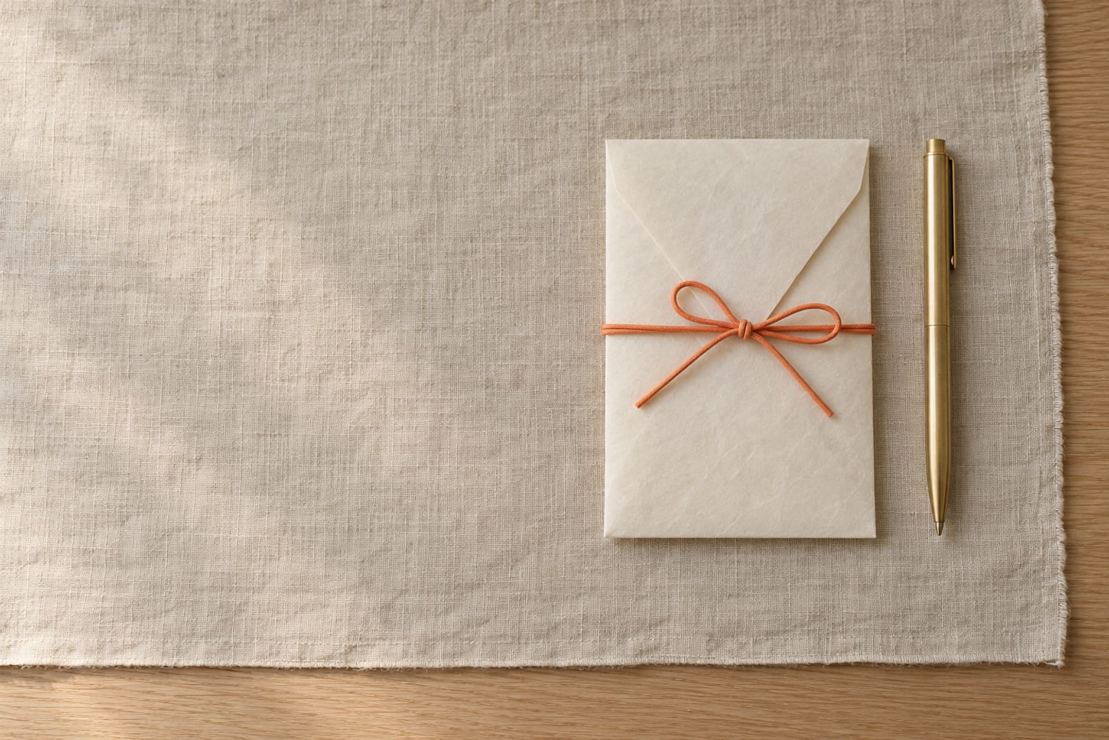 A sealed pale envelope tied with an orange paper cord in a bow, beside a slim brass pen, on linen.