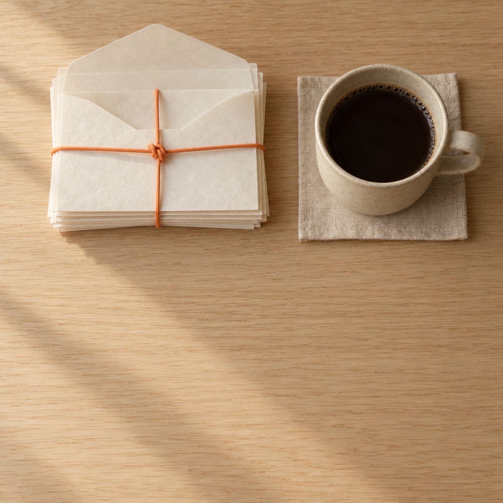 A stack of opened pale envelopes tied with an orange paper cord, beside a stoneware cup of black coffee.