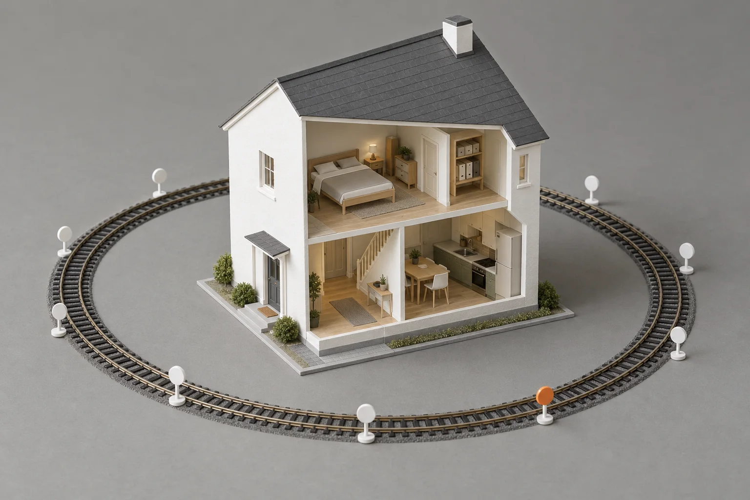 A scale model of a white two-storey house, its front cut away to a tidy hall and kitchen, with one loop of model track round it and twelve stop markers, one of them orange.