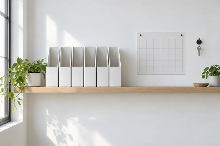 Illustrative image: a white shelf mid set-up, empty magazine files in a row, loose papers squared, blank labels and a pen.