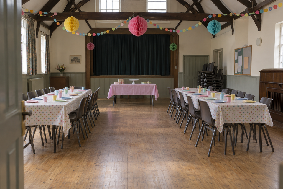 The same hall styled for the party in daylight: cloths, cups and plates laid, garlands and paper lanterns hung.