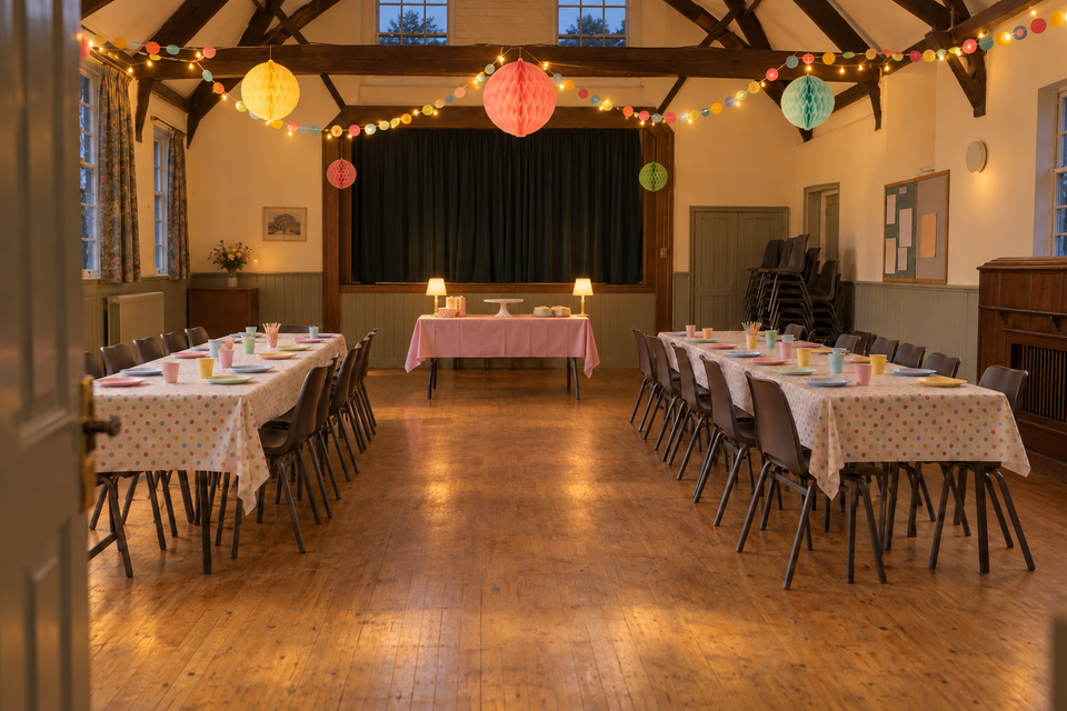 The same hall at the doors, with the fairy lights and the cake-table lamps on.