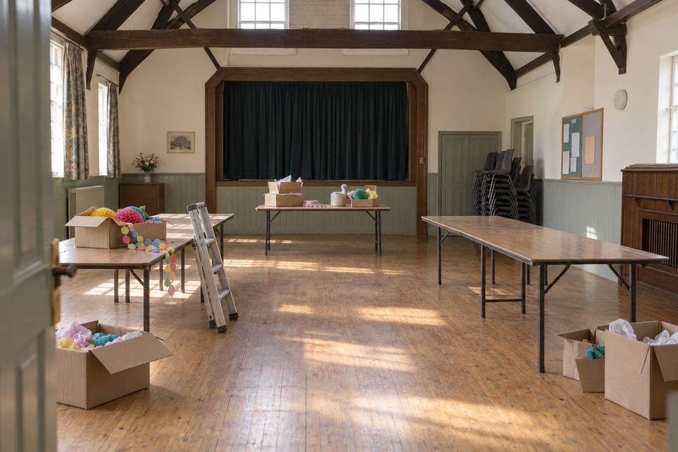A village hall at the start of the set-up: bare tables, chairs still stacked, boxes of decorations and a stepladder.