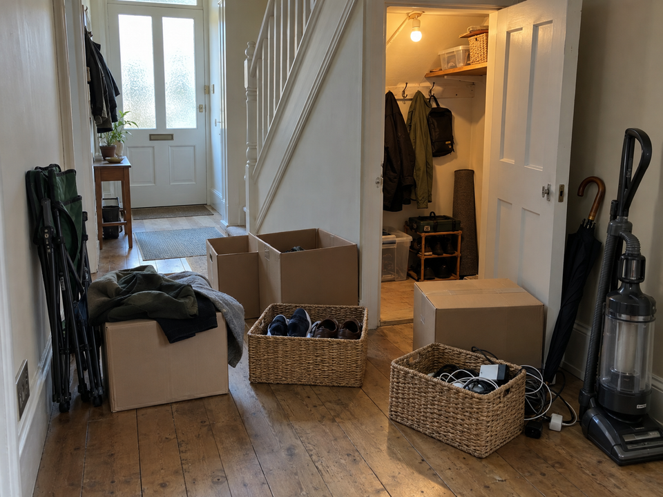 A cupboard under the stairs seen on a video call.
