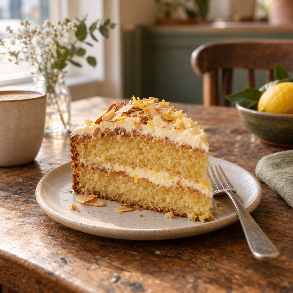A generous slice of lemon and almond layer cake on a cream plate, a fork beside it, on a worn café table.