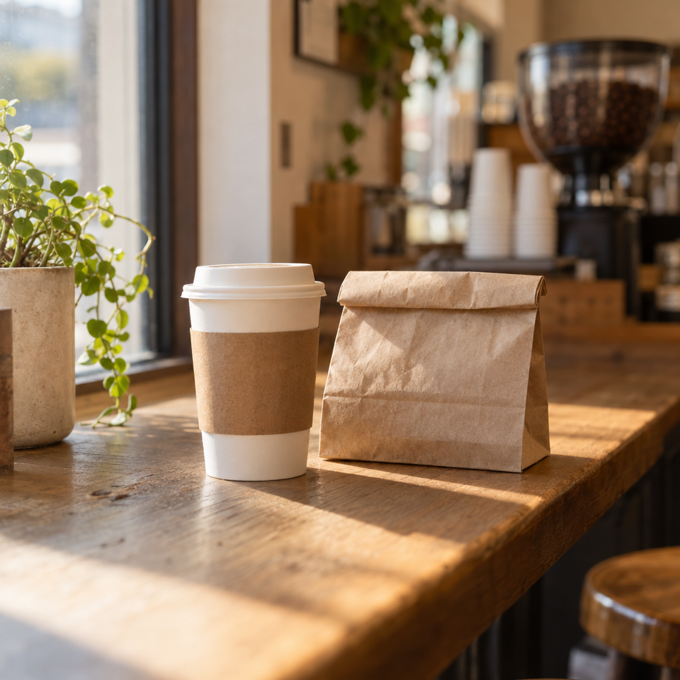 A takeaway cup with a plain kraft sleeve beside a folded paper bag on a sunlit wooden counter.