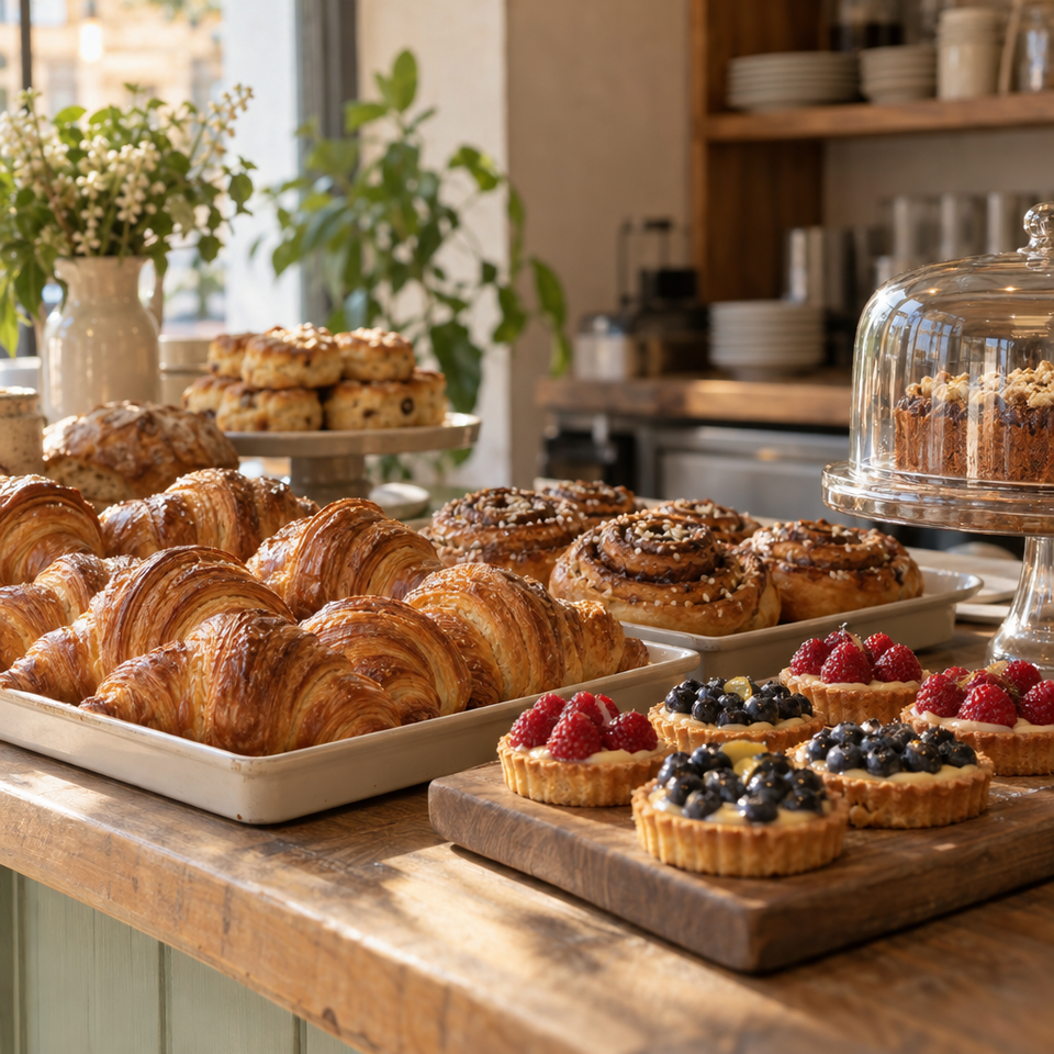 A counter of fresh croissants, cinnamon buns and fruit tarts on cream trays and a wooden board.