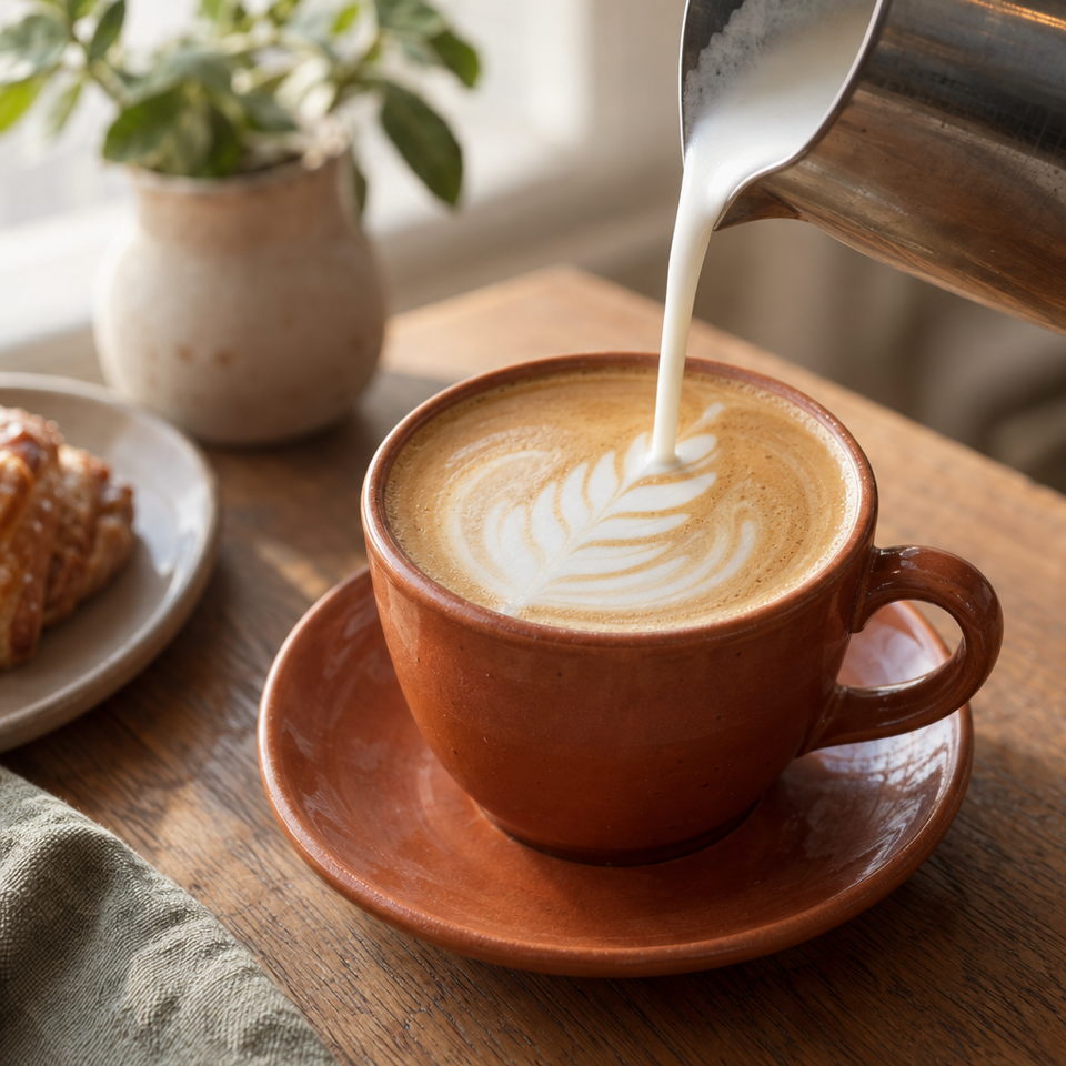 Milk poured into a flat white in a terracotta cup, a leaf forming in the crema.