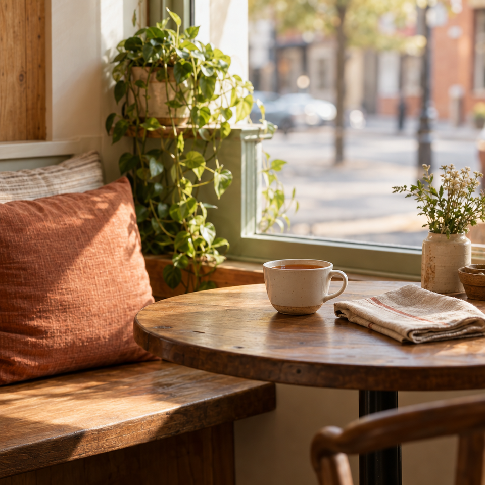 An empty window seat: a small round table with a cup of tea and a folded napkin, a cushion on the bench, a plant on the sill.