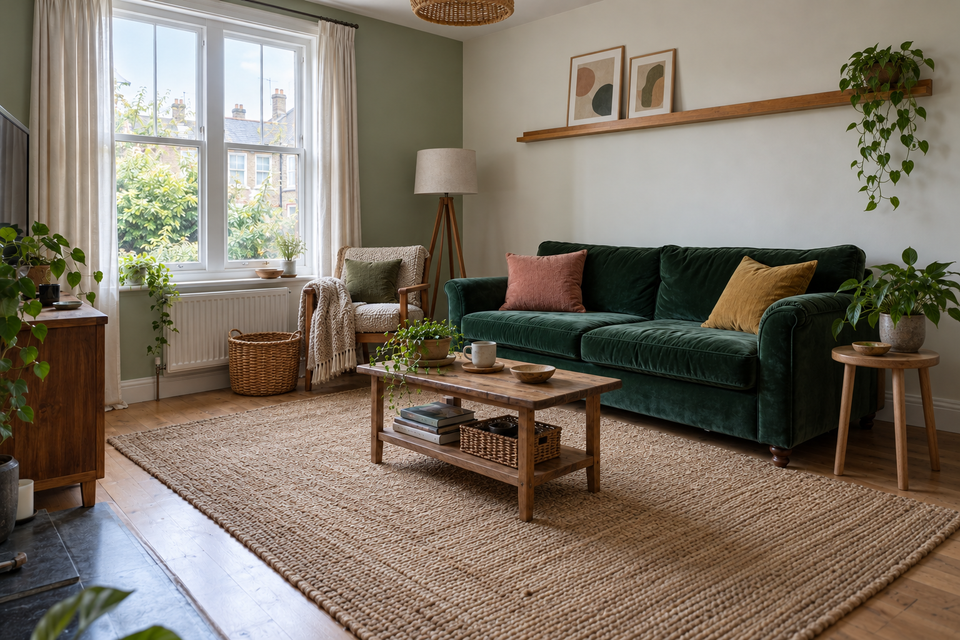 The same room rearranged in morning light: the armchair and lamp as a reading corner by the window, a larger rug, cushions edited to three.