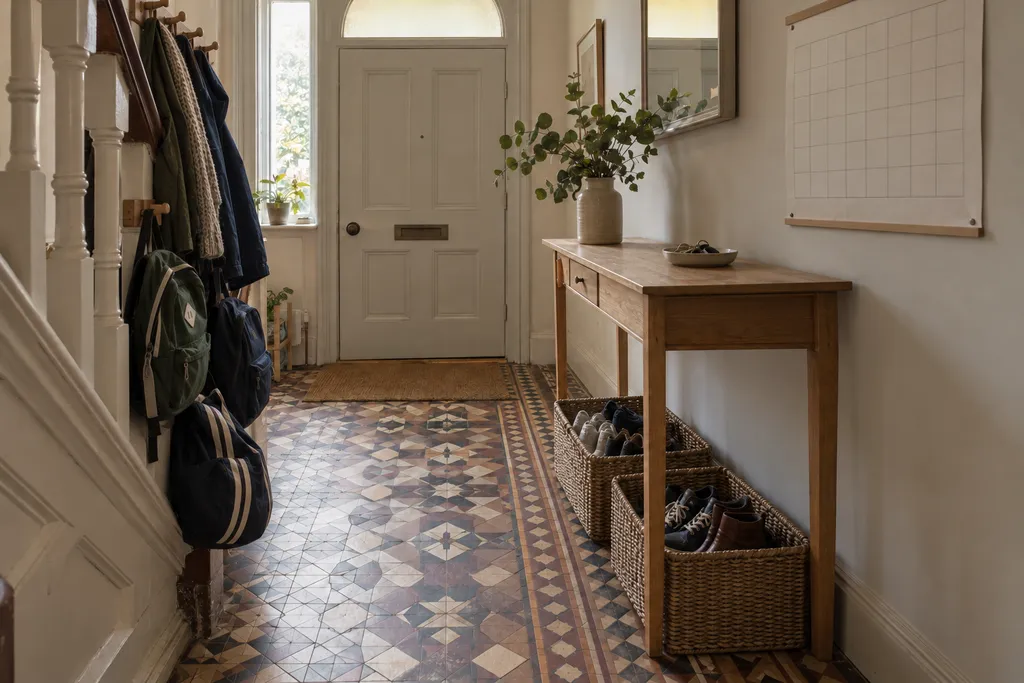 After: the same hallway, coats on peg hooks, shoes paired in baskets and a key dish on the cleared console.