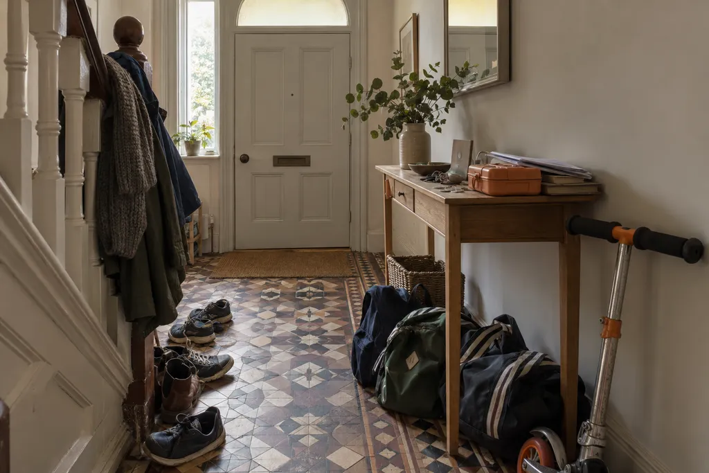 Before: a family hallway by the front door, shoes across the tiles, bags, coats on the newel post and post on the console.