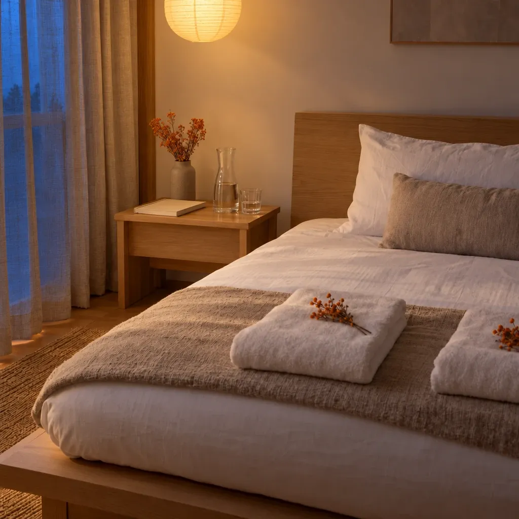 After: the same ready bedroom at dusk, the paper lantern lit.