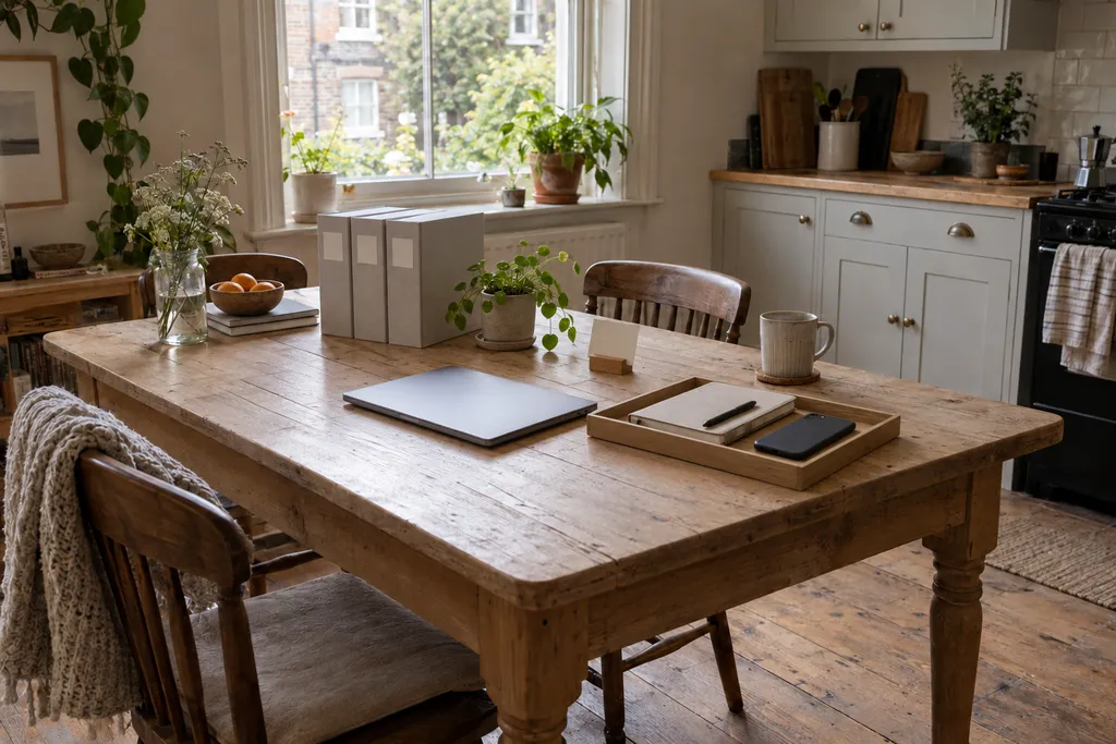 After: the same table set up for the business, three labelled folder boxes, a closed laptop and a tray.