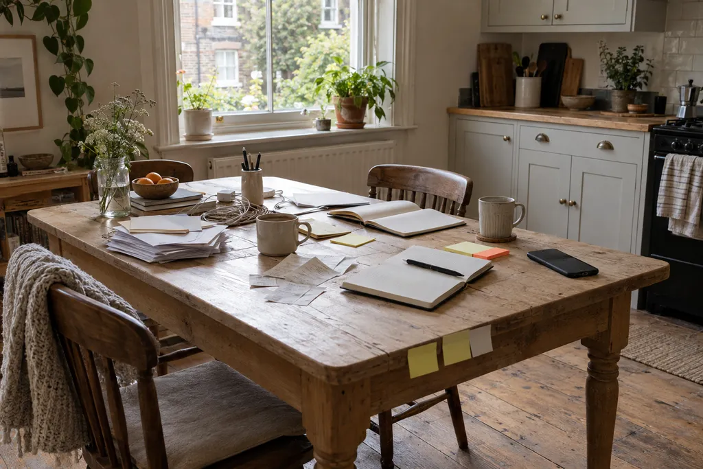 Before: a founder's kitchen table in the first week, receipts, unopened post, sticky notes and cables across it.