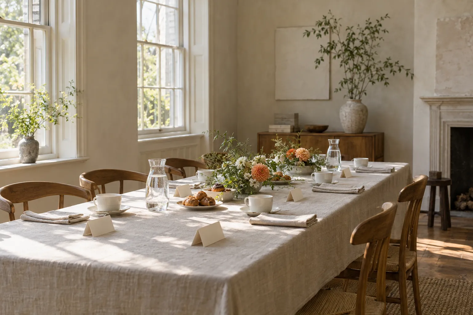 A bright room with tall windows: one long table dressed in plain linen, with white cups, glass jugs of water and small plates set out.